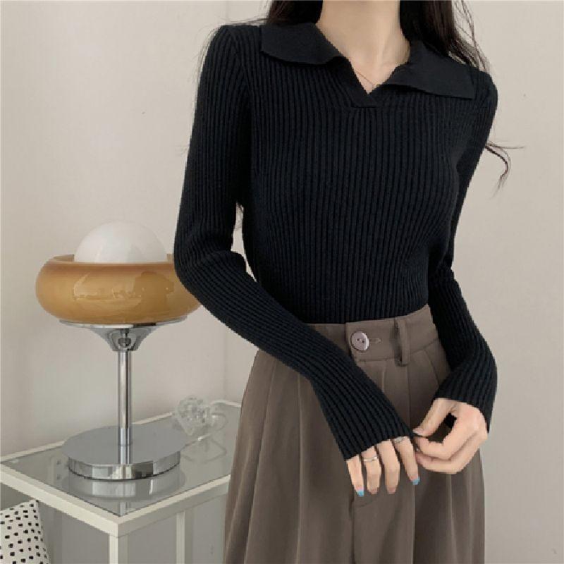 Open Placket Plain Ribbed Polo Sweater Product Image