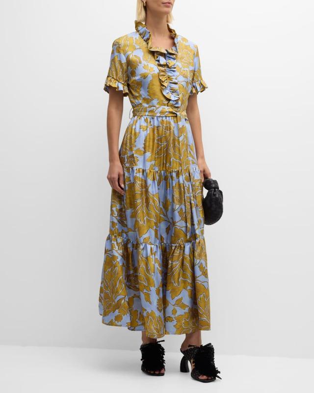 Floral-Print Short-Sleeve Belted Tiered Maxi Dress Product Image