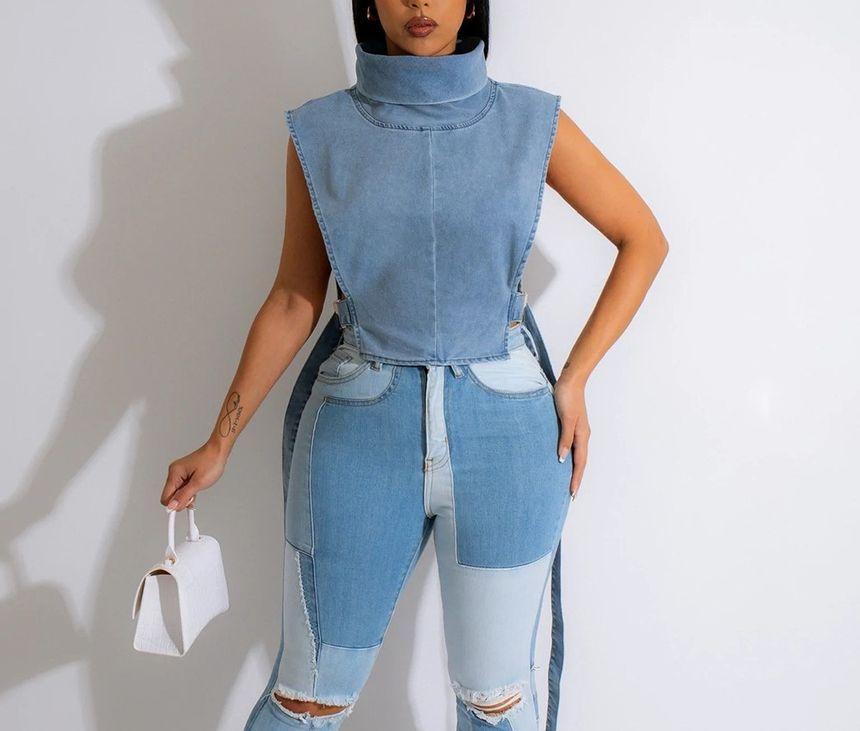 Turtleneck Buckled Washed Denim Crop Vest Product Image