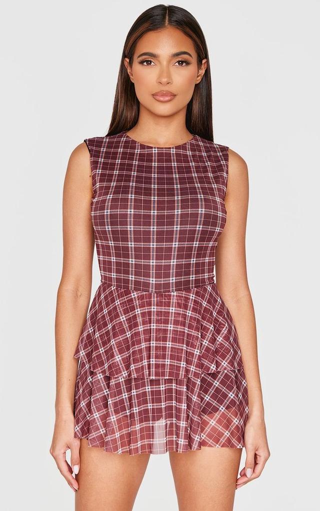 Burgundy Gingham Print Mesh Rara Skort Romper Product Image