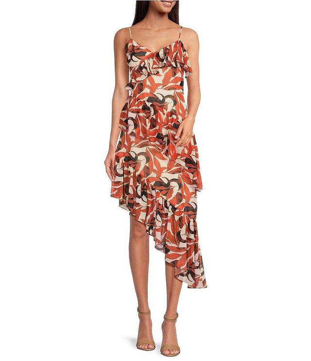 Gianni Bini Margot Copper Palm Printed Chiffon V-Neck Sleeveless Asymmetrical Hemline Ruffle Dress Product Image