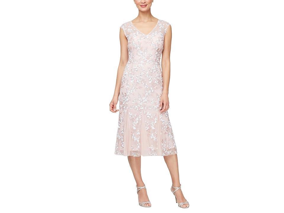 Alex Evenings Short Embroidered Dress with Godet Hem (Shell ) Women's Dress Product Image