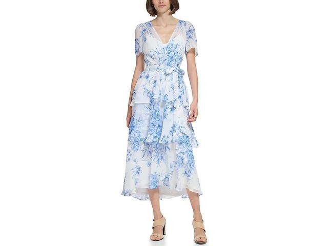 Calvin Klein Midi Chiffon Dress with Pleated Skirt (Chambray Multi) Women's Dress Product Image