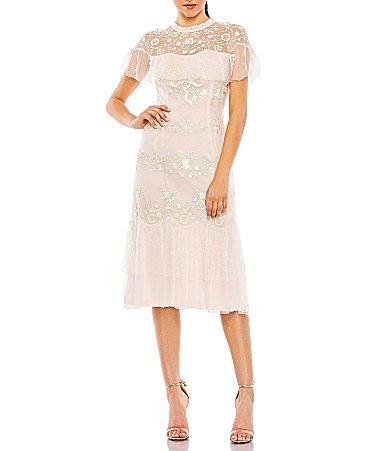 Mac Duggal Embroidered Crew Neck Short Ruffled Sleeve Dress Product Image