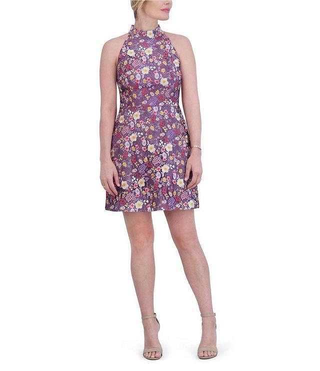 Eliza J Floral Embroidered Halter Neck Sleeveless Mini A-Line Dress Product Image