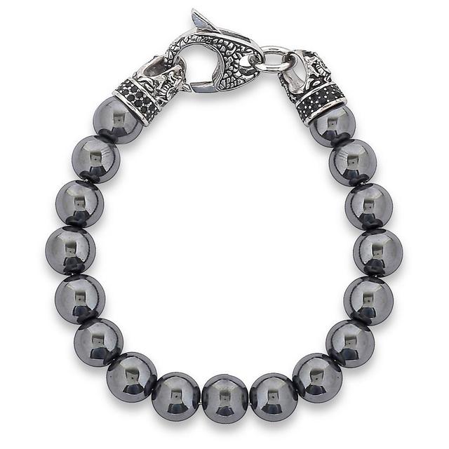 Mens Hematite Stone Antiqued Stainless Steel Clasp Beaded Bracelet (10mm) - 8.5 Product Image