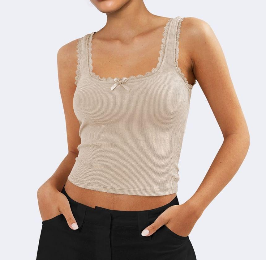 Scoop Neck Plain Lace Trim Bow Crop Tank Top Product Image