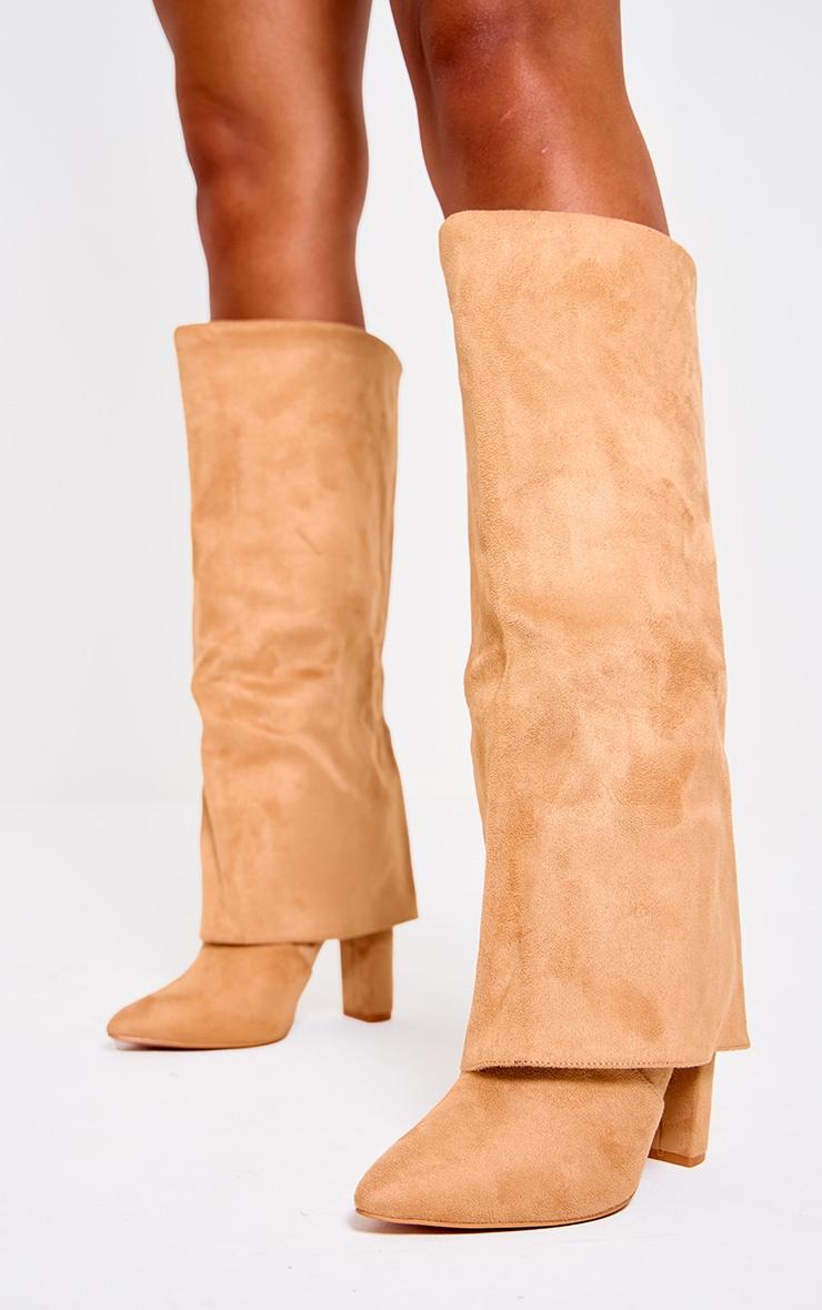 Camel Wide Fit Faux Suede Pointed Fold Over Block Heel Knee Boots Product Image