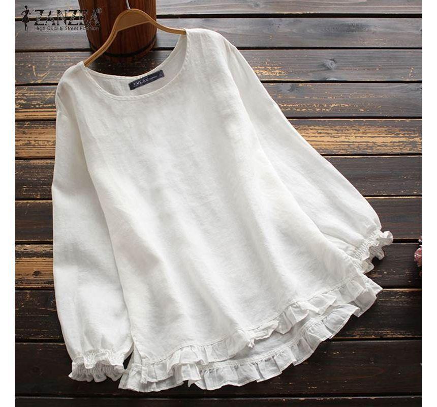 Long Sleeve Crew Neck Ruffle Trim Blouse Product Image