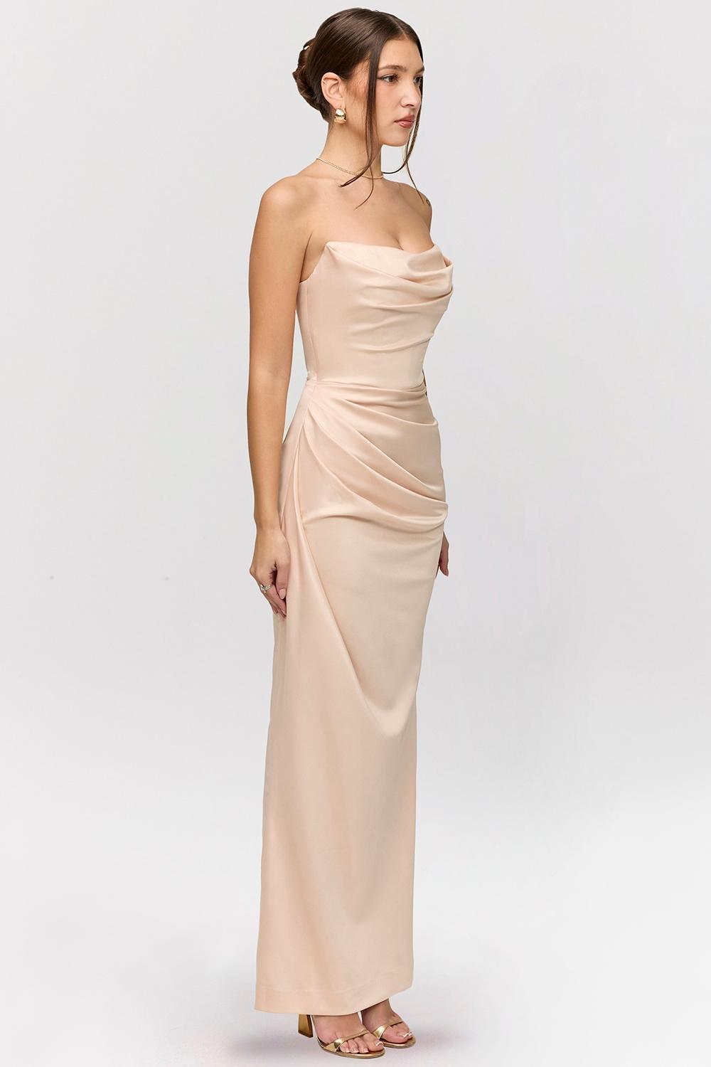 Adrienne Champagne Satin Strapless Gown Product Image