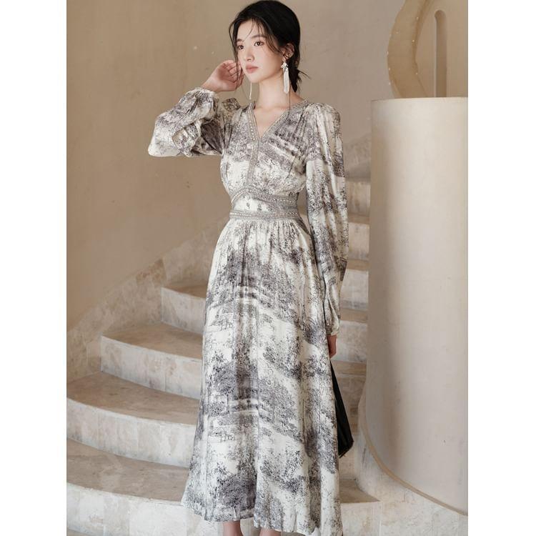 Long-Sleeve V-Neck Print Embellished Maxi A-Line Dress Product Image