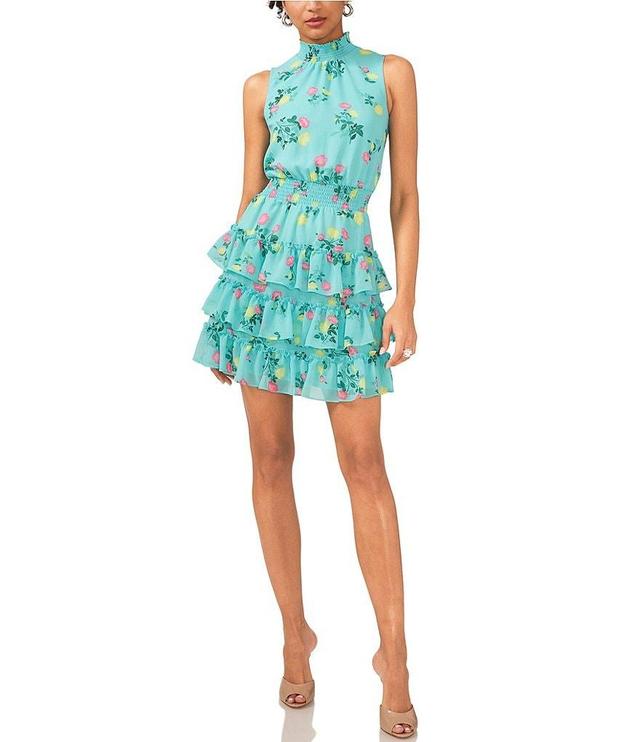 1. STATE Floral Printed Mock Neck Tiered Sleeveless Smocked Waist Mini A-Line Dress Product Image