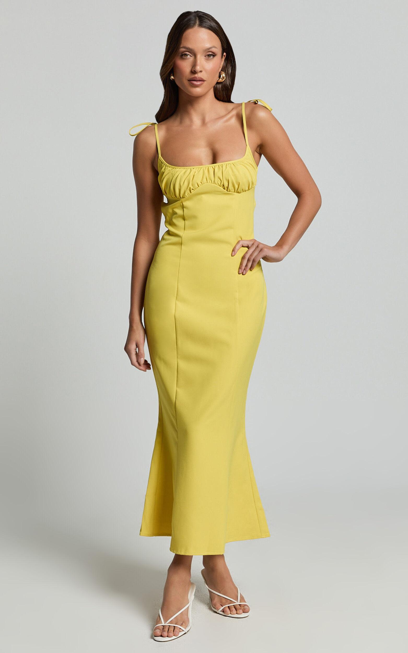 Karina Midi Dress - Ruched Bust Tie Shoulder Fit and Flare Dress in Lemon Product Image