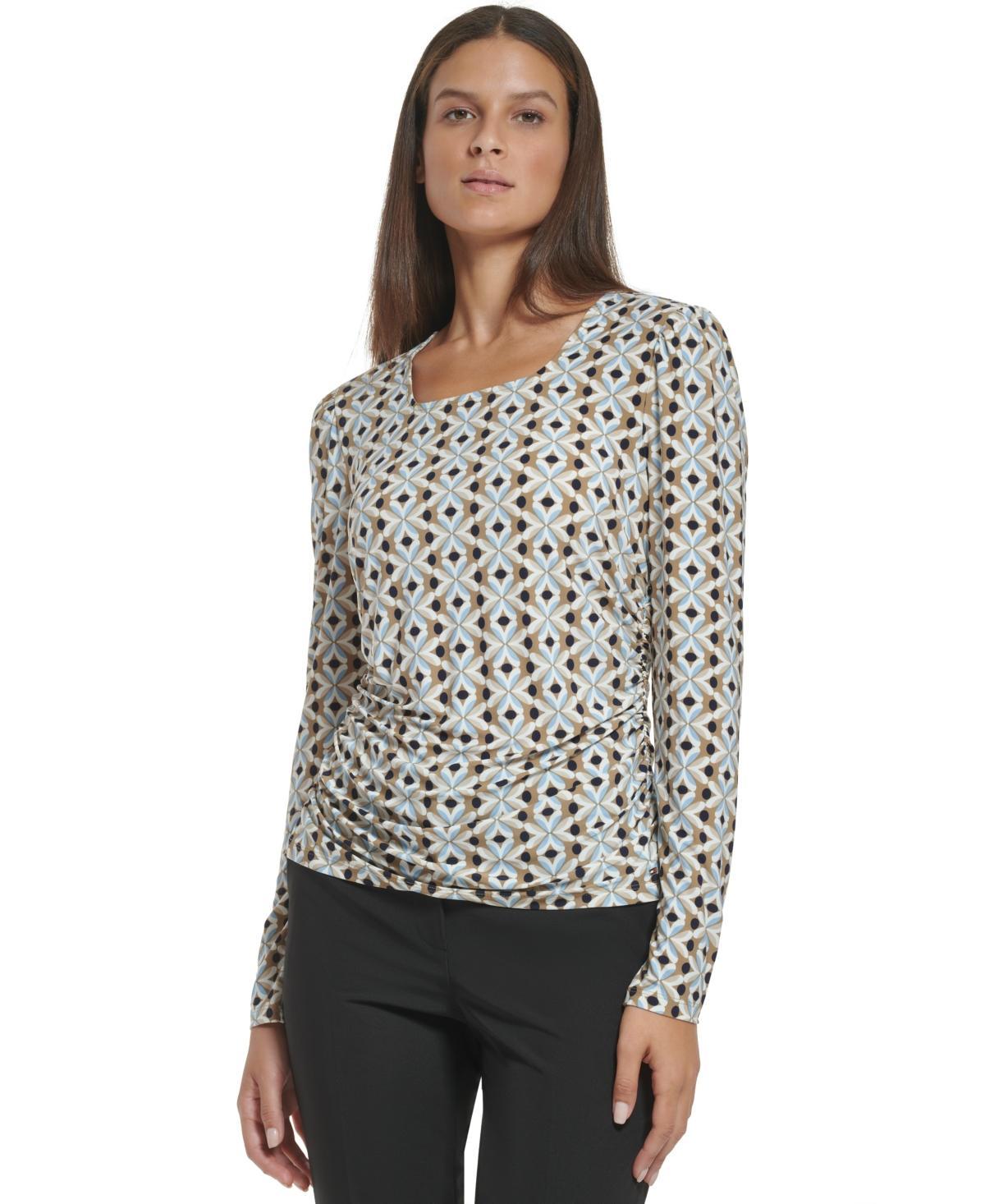 Tommy Hilfiger Womens Geometric-Print Ruched Square-Neck Top Product Image