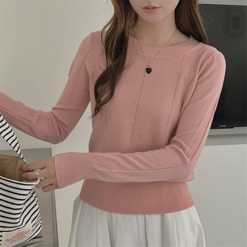 Long-Sleeve Crew Neck Plain Knit Top Product Image