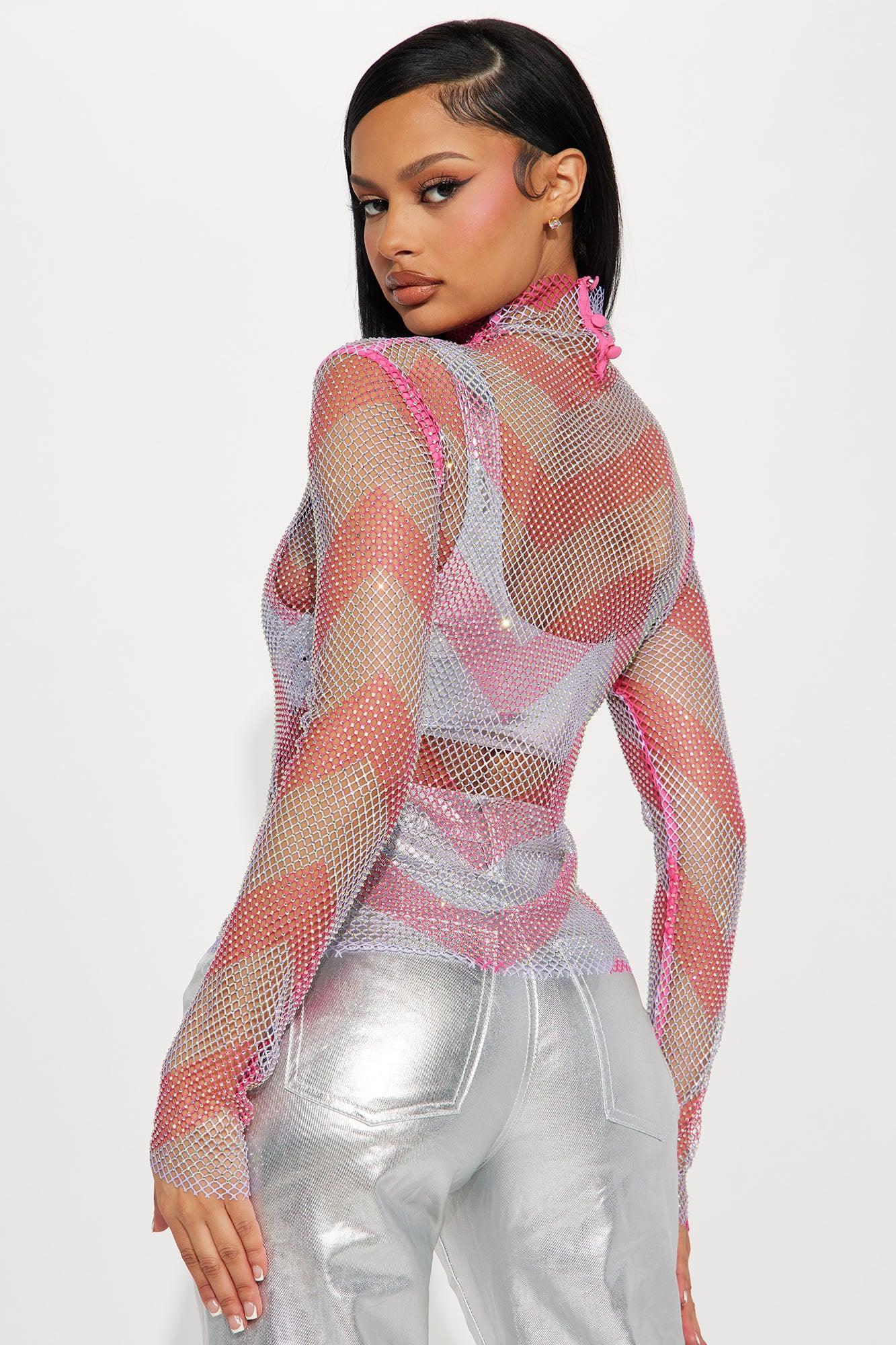 Party's Here Rhinestone Fishnet Top - Pink/combo Product Image