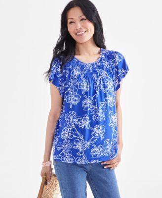 Style & Co Womens Printed Smocked-Neck Knit Top, Created for Macys Product Image