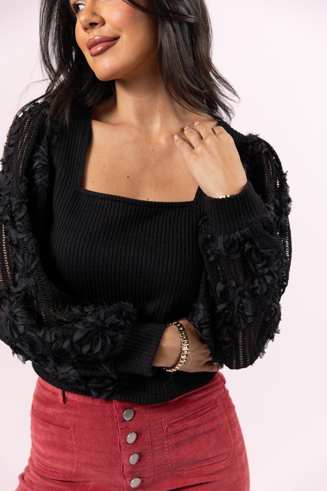 Put It On Ice Black Textured Sleeve Square Neck Sweater FINAL SALE Product Image