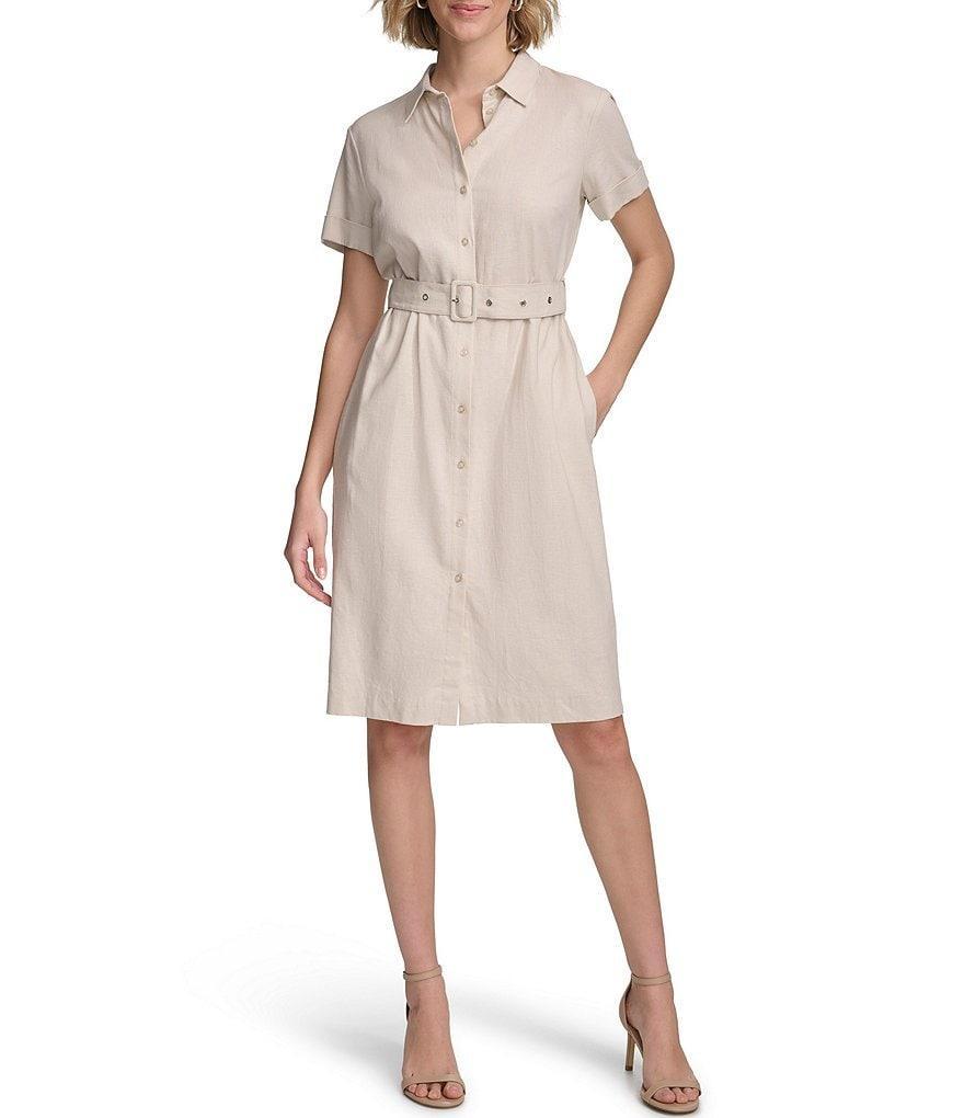 Calvin Klein Stretch Point Collar Short Sleeve Belted Button Front Shirt Dress Product Image