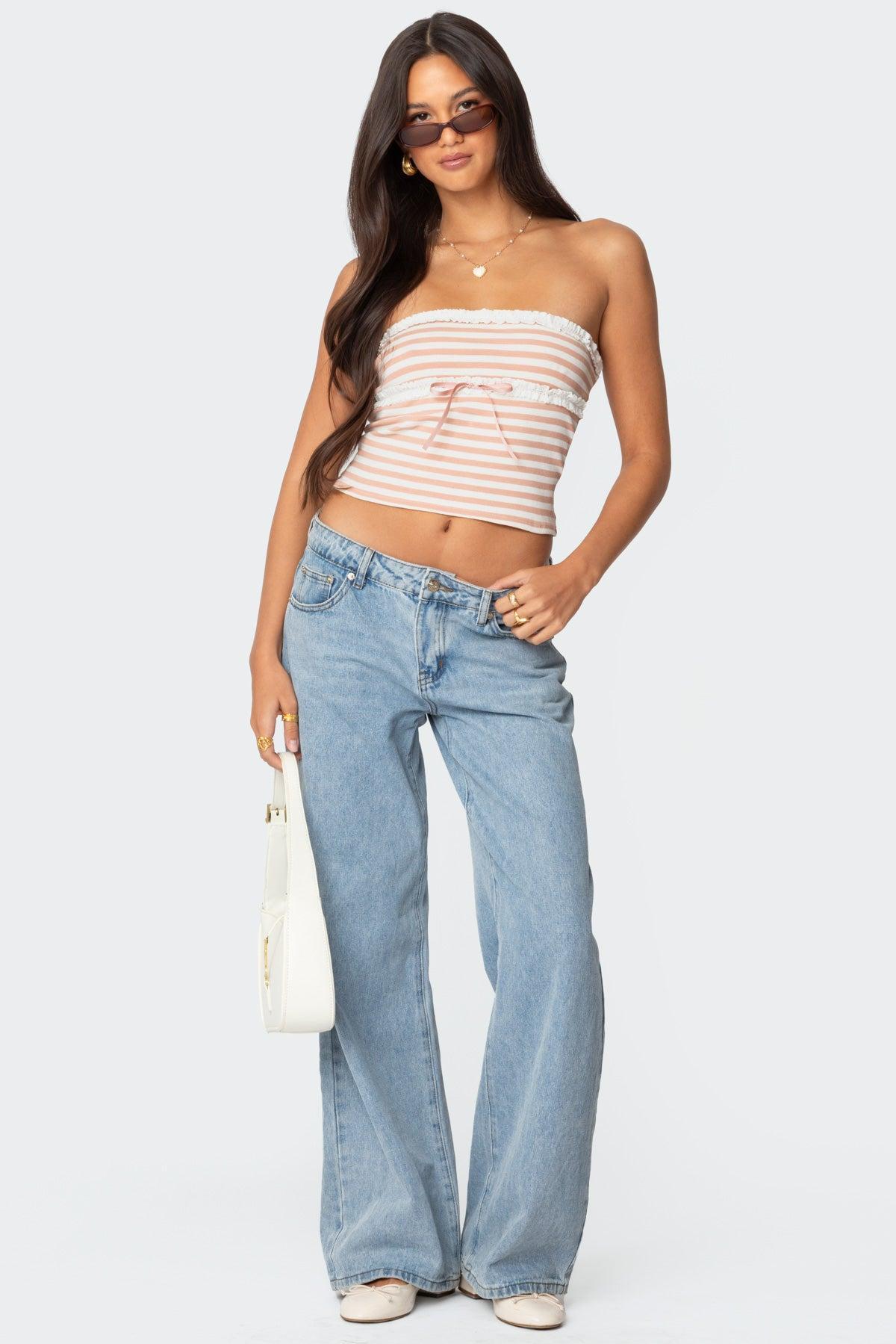 Striped Eyelet Trim Tube Top Product Image