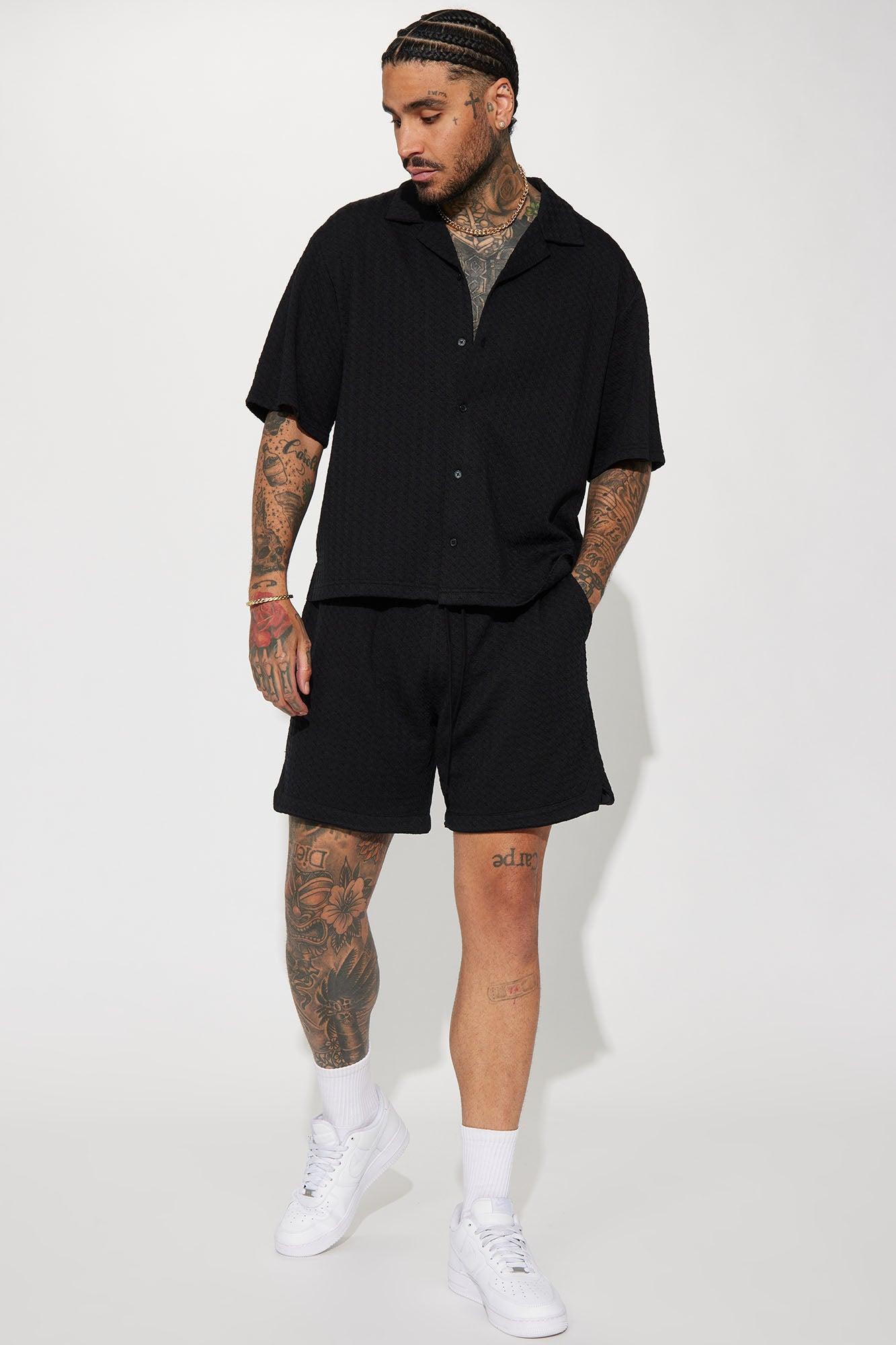 Follow Me Textured Short Sleeve Button Up - Black Product Image