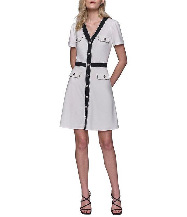 KARL LAGERFELD PARIS Scuba Crepe Contrast Trim V-Neck Short Sleeve Flap Pocket Button Front A-Line Dress Product Image