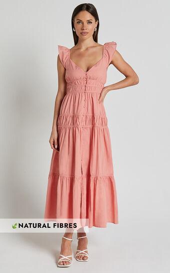 Addi Midi Dress - Button Front Plunge Neck Short Flutter Sleeve Tiered in Peach Fuzz Product Image