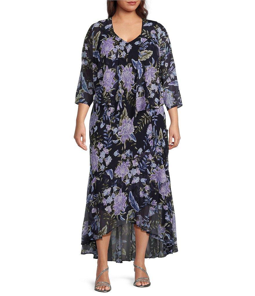 R & M Richards Plus Size Long Sleeve V-Neck Floral High/Low 2-Piece Jacket Dress Product Image