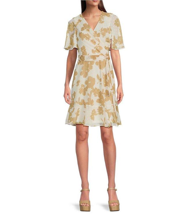 DKNY by Donna Karan Floral Surplice V-Neck Short Sleeve Faux Wrap Dress Product Image