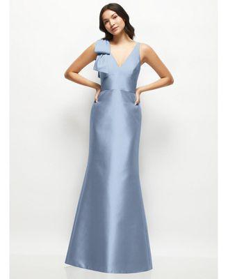 Alfred Sung Womens Deep V-back Satin Trumpet Dress with Cascading Bow at One Shoulder Product Image