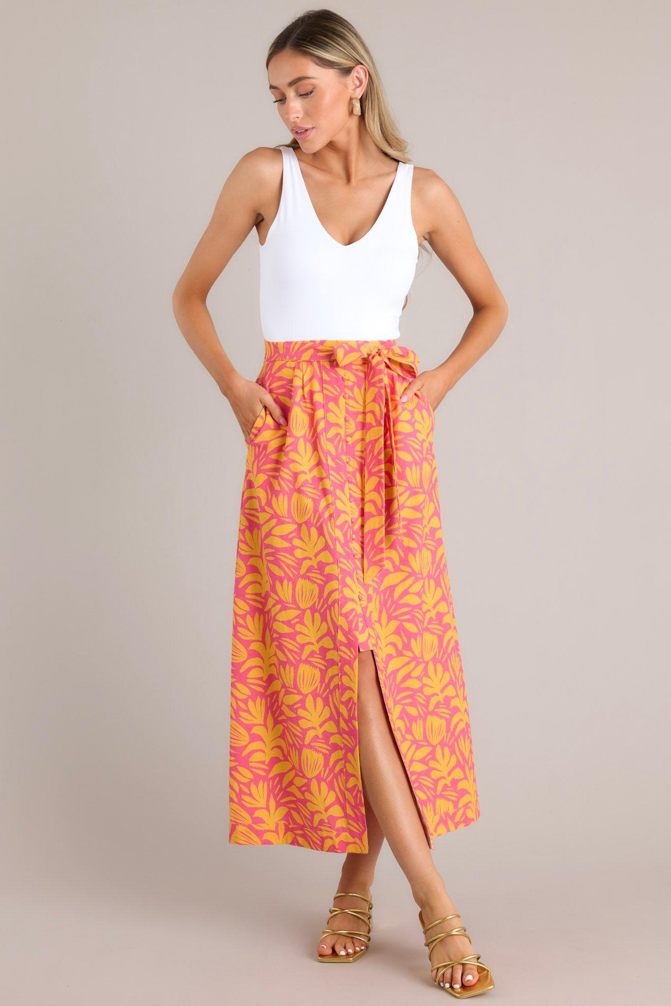 Wild Over You Pink Floral Print Linen Skirt Product Image