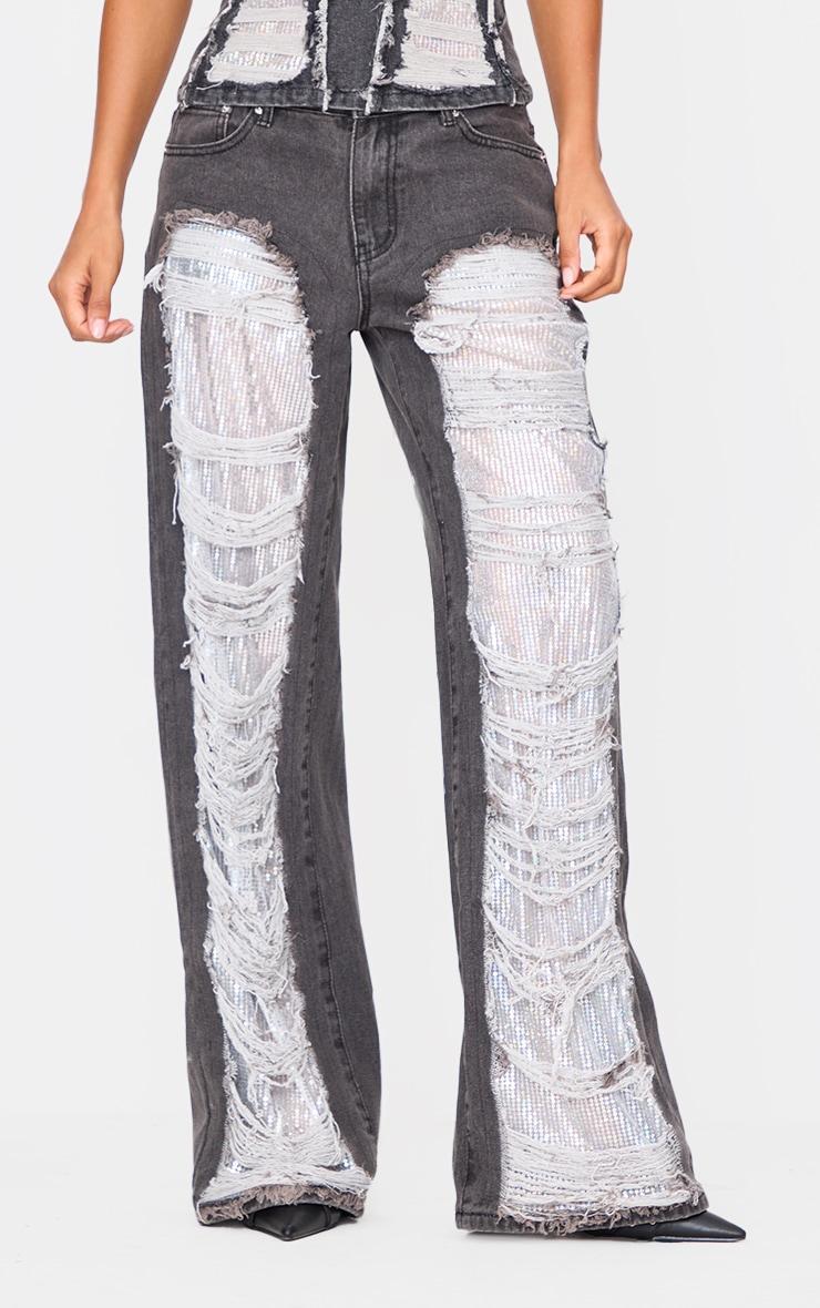 Washed Black Extreme Distressed Sequin Panel Straight Leg Jeans Product Image