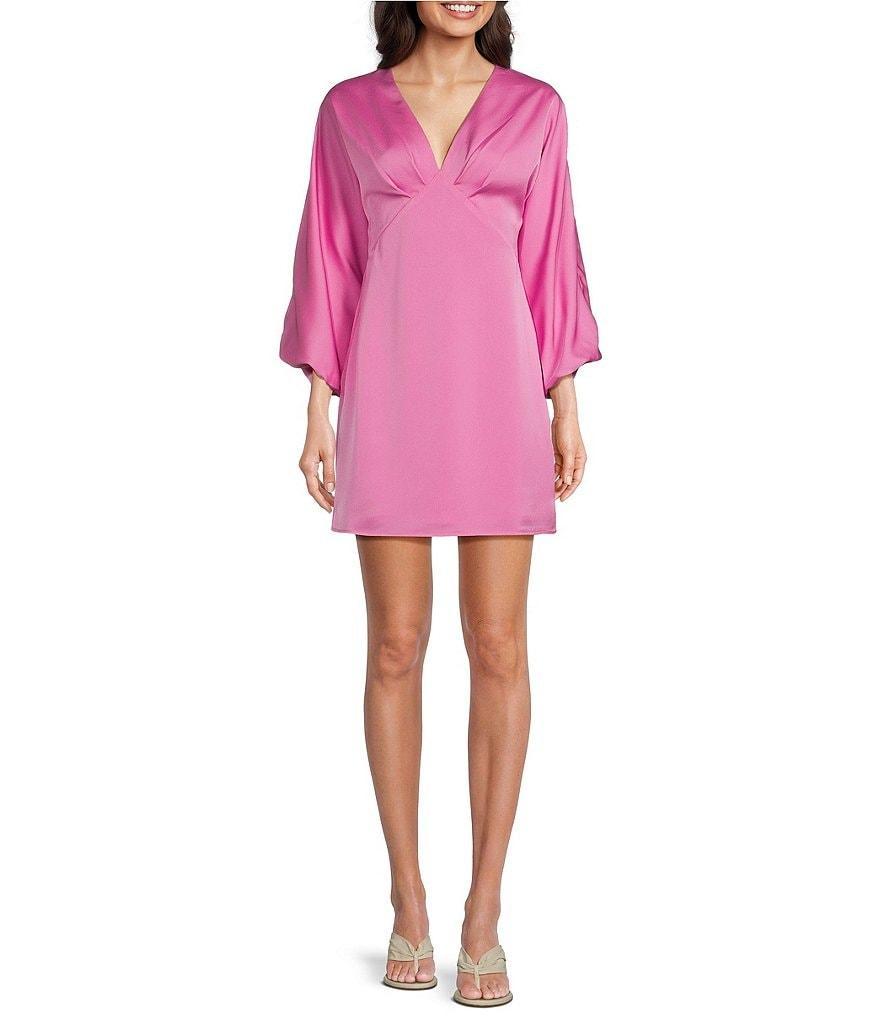 Adelyn Rae Satin V-Neck Long Bell Sleeve Mini Dress Product Image