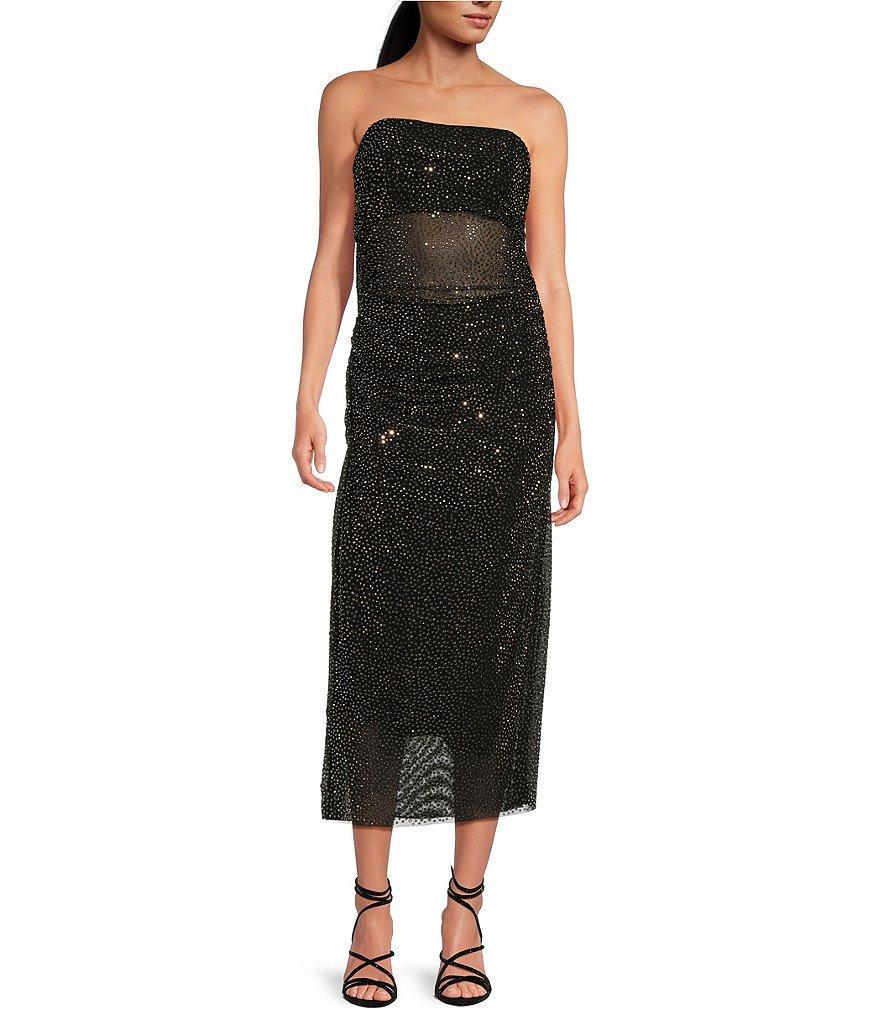 Gianni Bini Willow Rhinestone Mesh Ruched Straight Neck Sleeveless Sheath Midi Dress Product Image