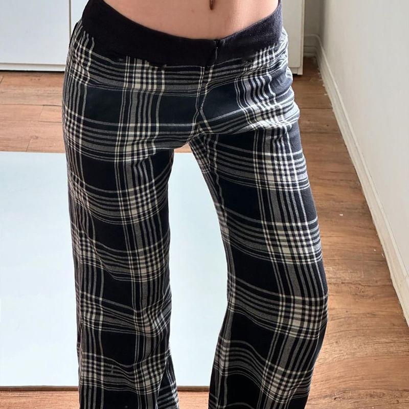 Low Waist Plaid Straight-Fit Wide-Leg Pants Product Image