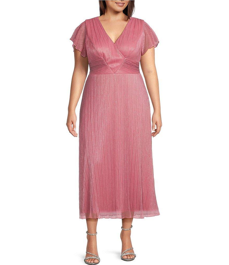 Adrianna Papell Plus Size Short Flutter Sleeve V-Neck Crinkle Metallic Mesh Midi Dress Product Image