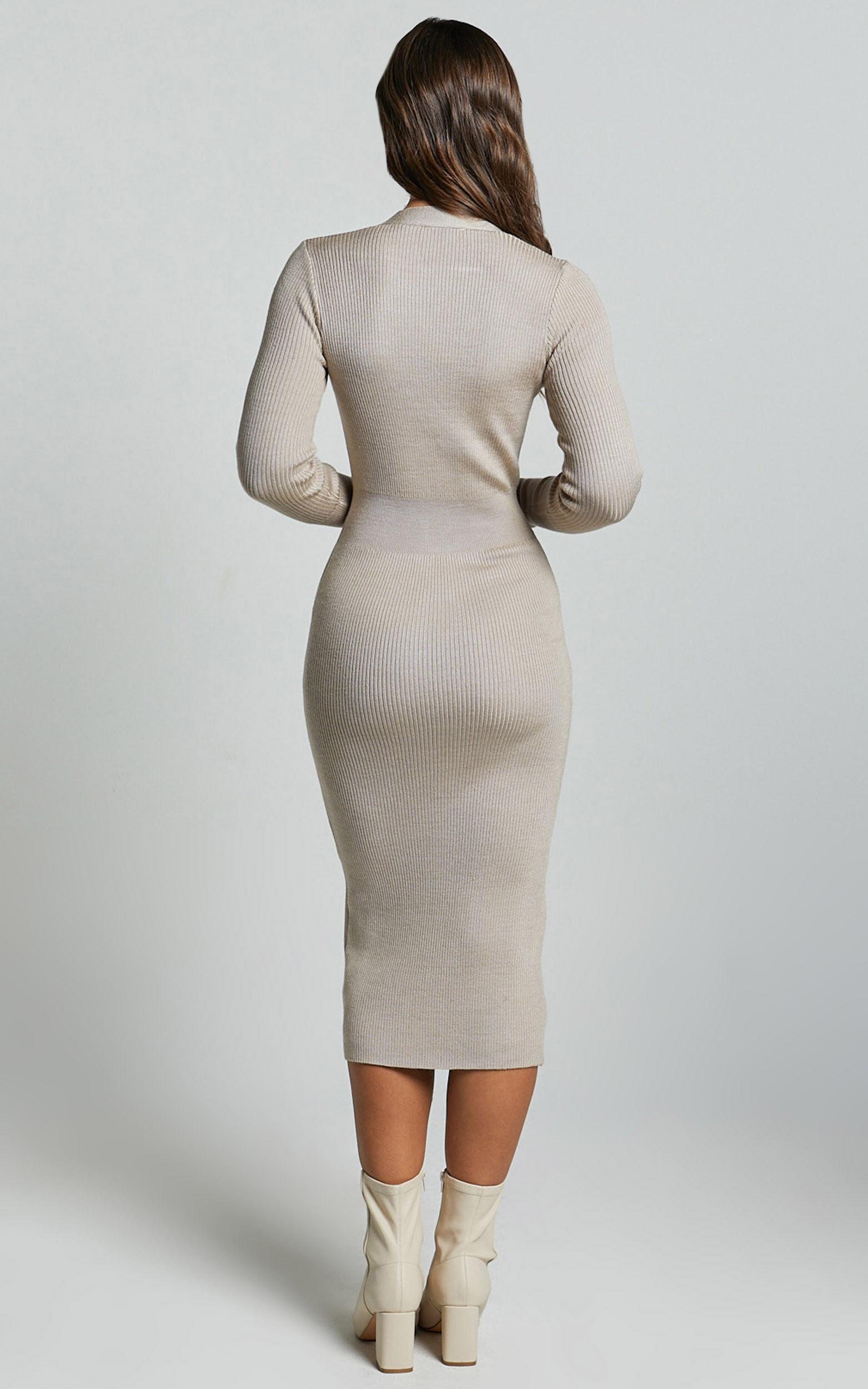 Leahanna Midi Dress - Button Front Knit Dress in Taupe Product Image