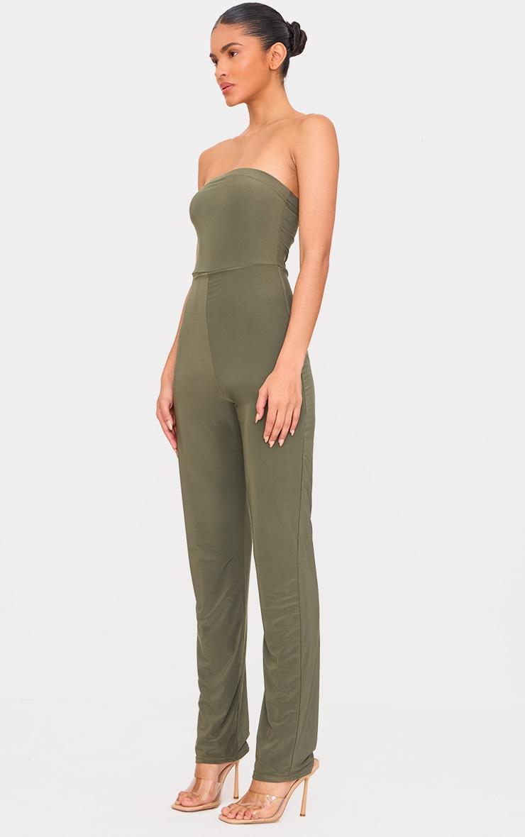 Dark Olive Double Layer Slinky Bandeau Straight Leg Jumpsuit Product Image