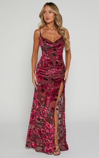 Aletta Maxi Dress - Cowl Cross Back Dress in Wine Floral Product Image