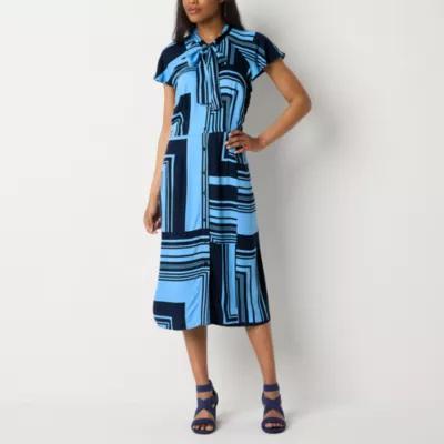 Liz Claiborne Womens Short Sleeve Geometric Midi A-Line Dress Product Image