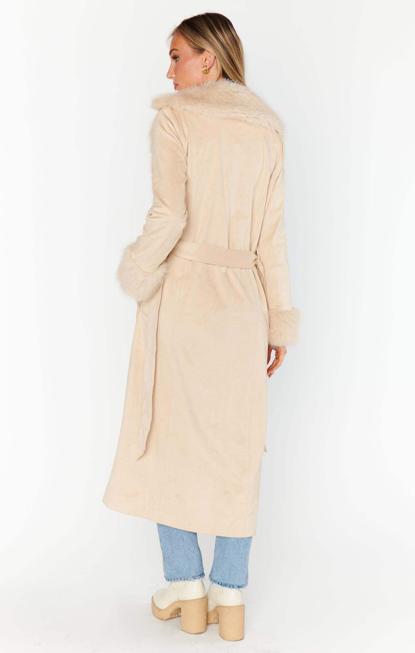 Penny Lane Long Coat ~ Beige Faux Suede with Faux Fur Product Image