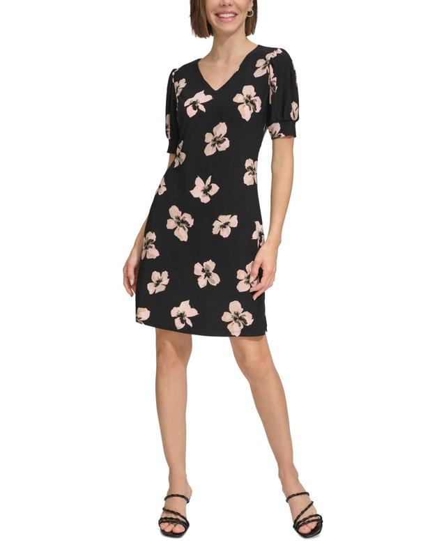 Tommy Hilfiger Womens Floral V-Neck Puff-Sleeve Dress Product Image