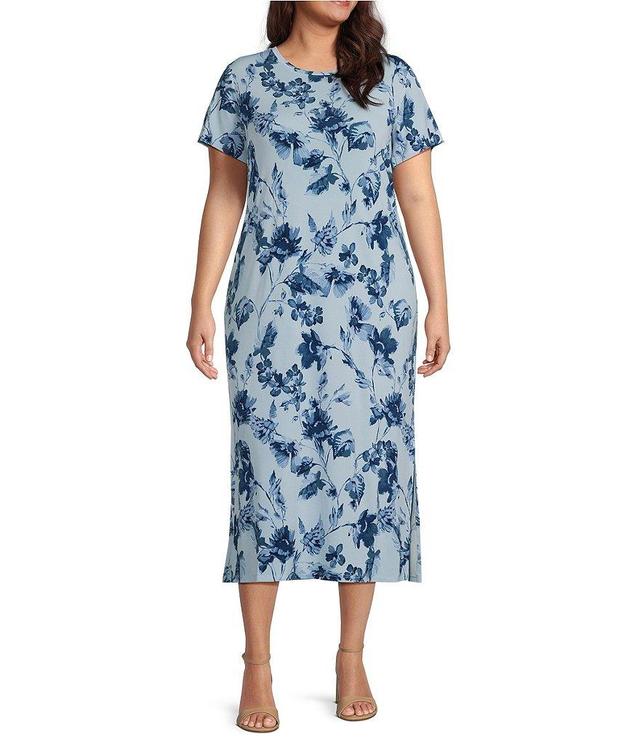 Calvin Klein Plus Size Floral Print Crew Neck Short Sleeve Side Slit Midi Dress Product Image