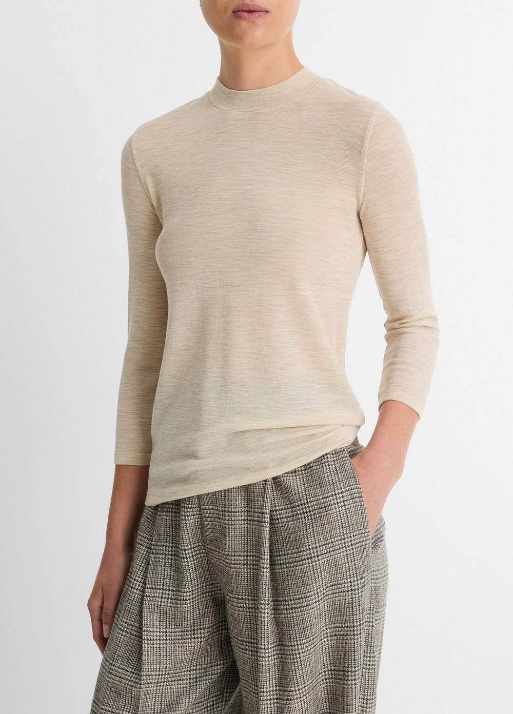 Wool Three-Quarter-Sleeve Mock-Neck Top Product Image