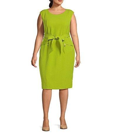 Kasper Plus Size Stretch Crepe Cap Sleeve Belted Zipper Pocket Sheath Dress Product Image