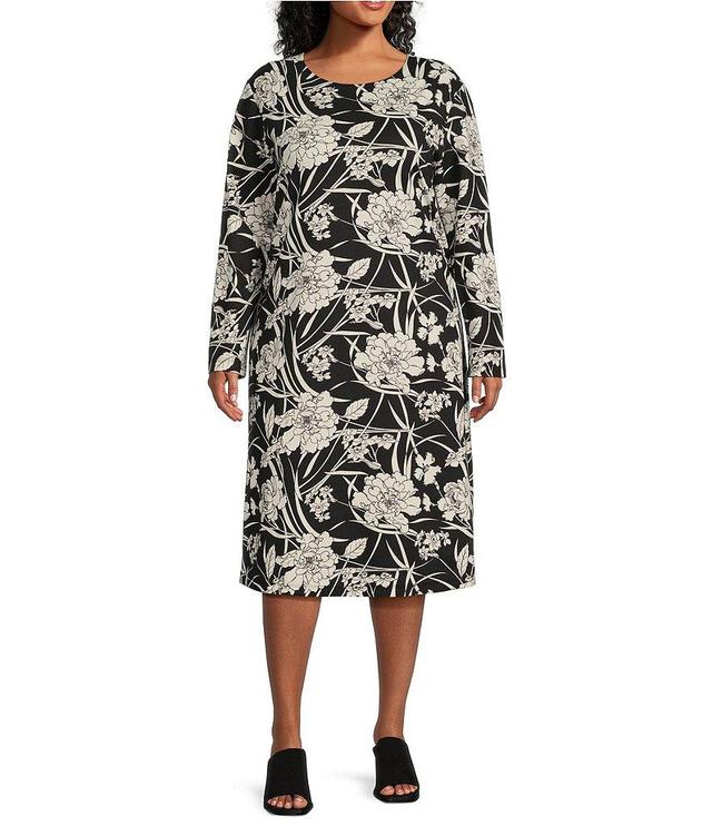 Bryn Walker Plus Size Rya Modal Ponti Floral Print Round Neck Long Sleeve Midi Dress Product Image