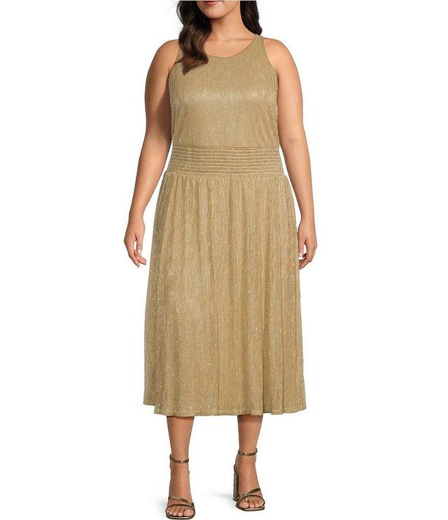 Marina Plus Size Sleeveless Crew Neck Smocked Waist Pleated Metallic Knit Midi A-Line Dress Product Image