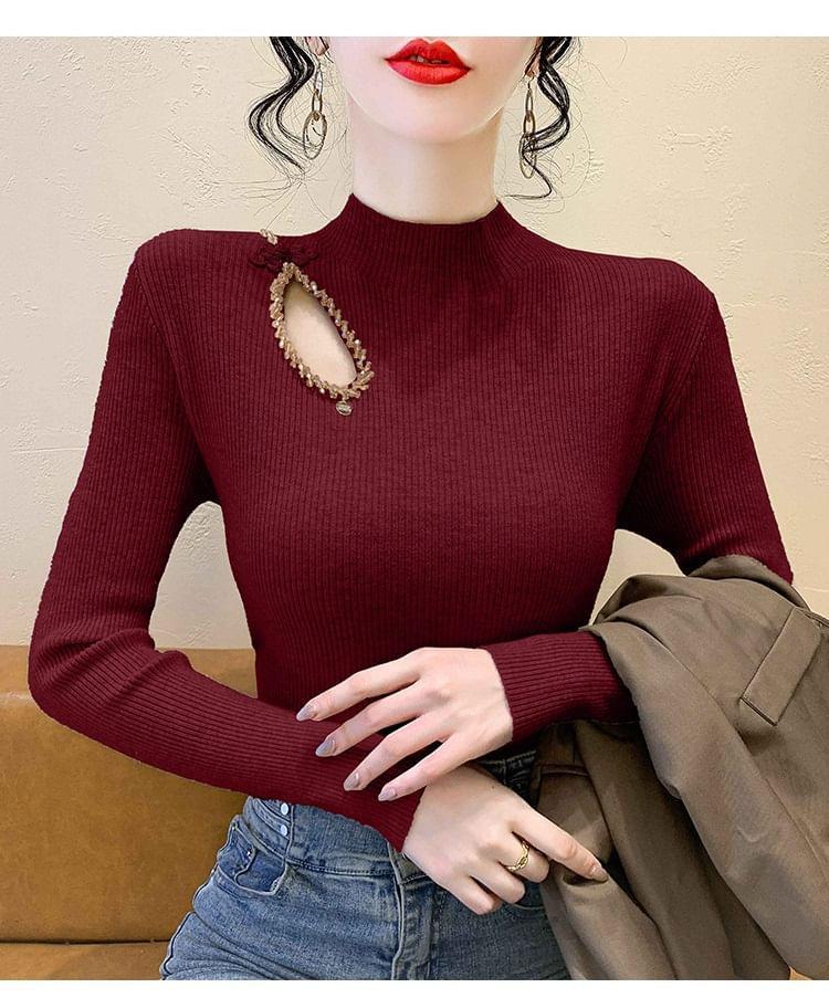 Long Sleeve Mock Neck Beaded Cutout Ribbed Knit Top Product Image