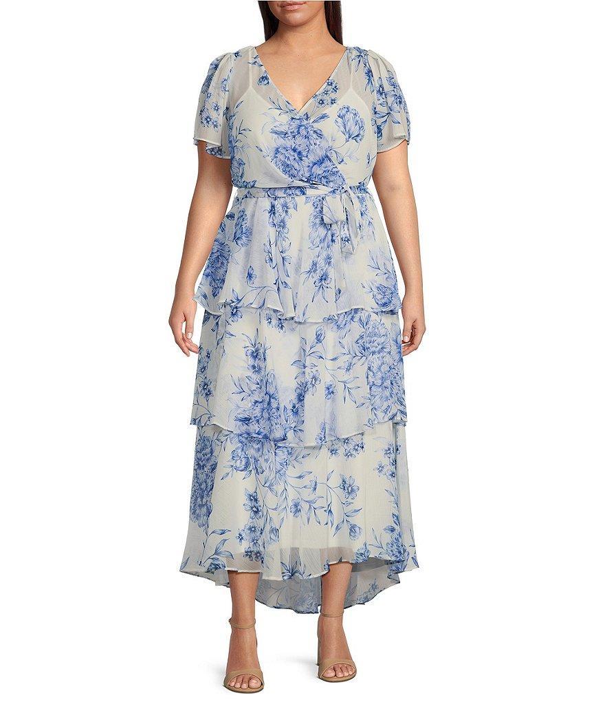 Calvin Klein Plus Size Crinkle Chiffon Floral Printed Short Sleeve V-Neck Tie Waist Tiered Midi Dress Product Image