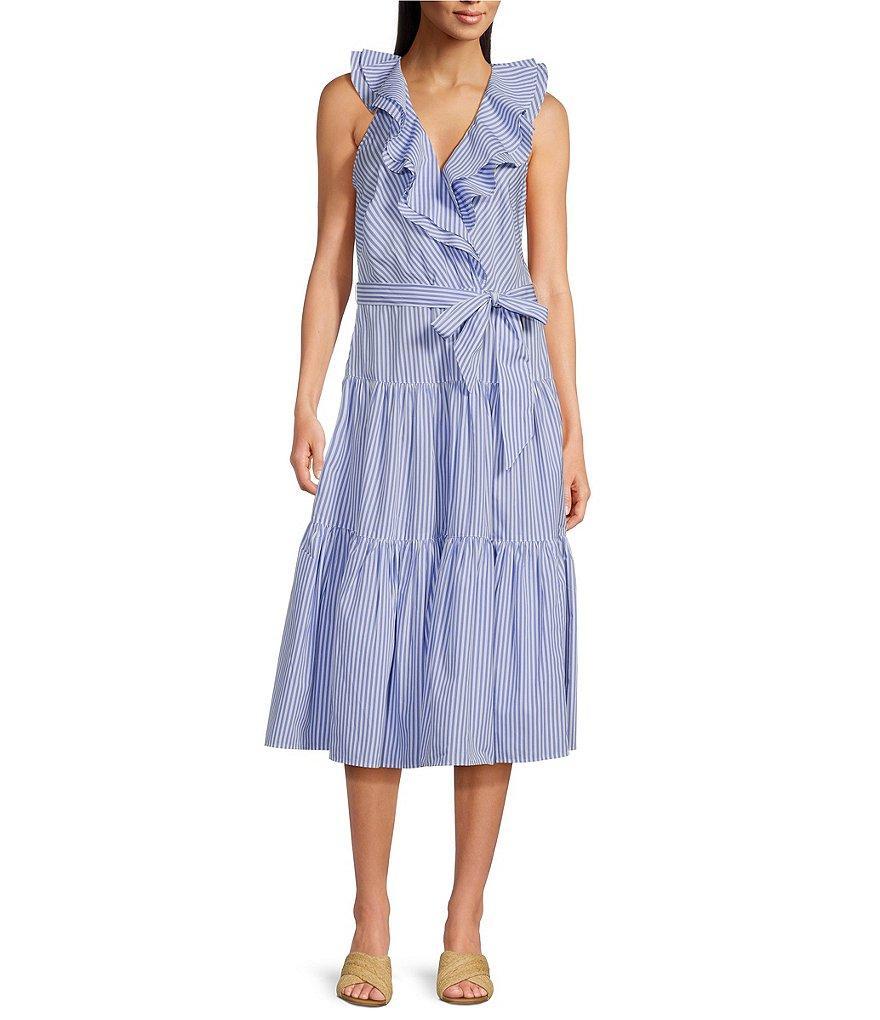 Lauren Ralph Lauren Striped Surplice Ruffle V-Neck Sleeveless Tiered Tie Waist Dress Product Image